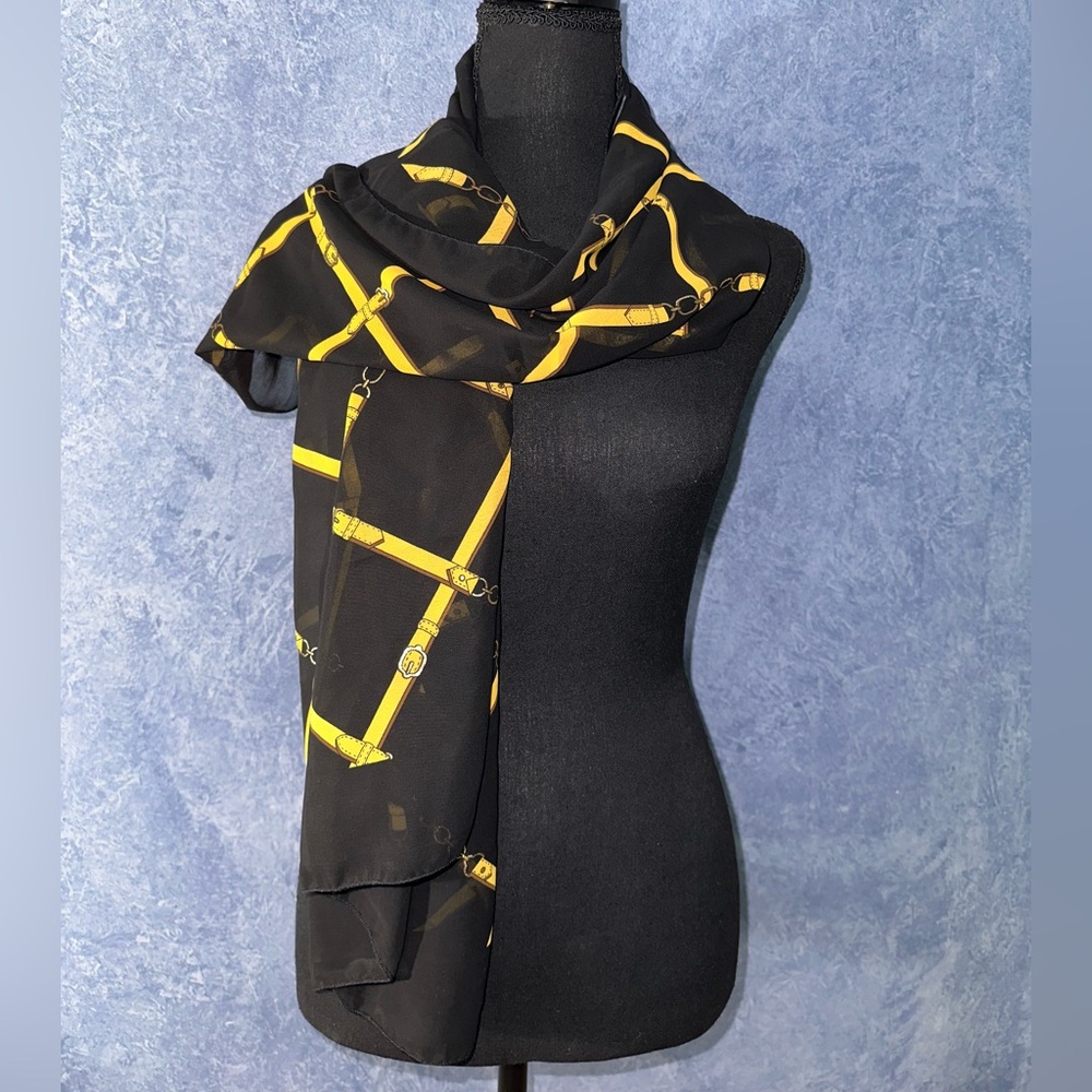 Elegant Black and Yellow Sheer Chain Print Scarf